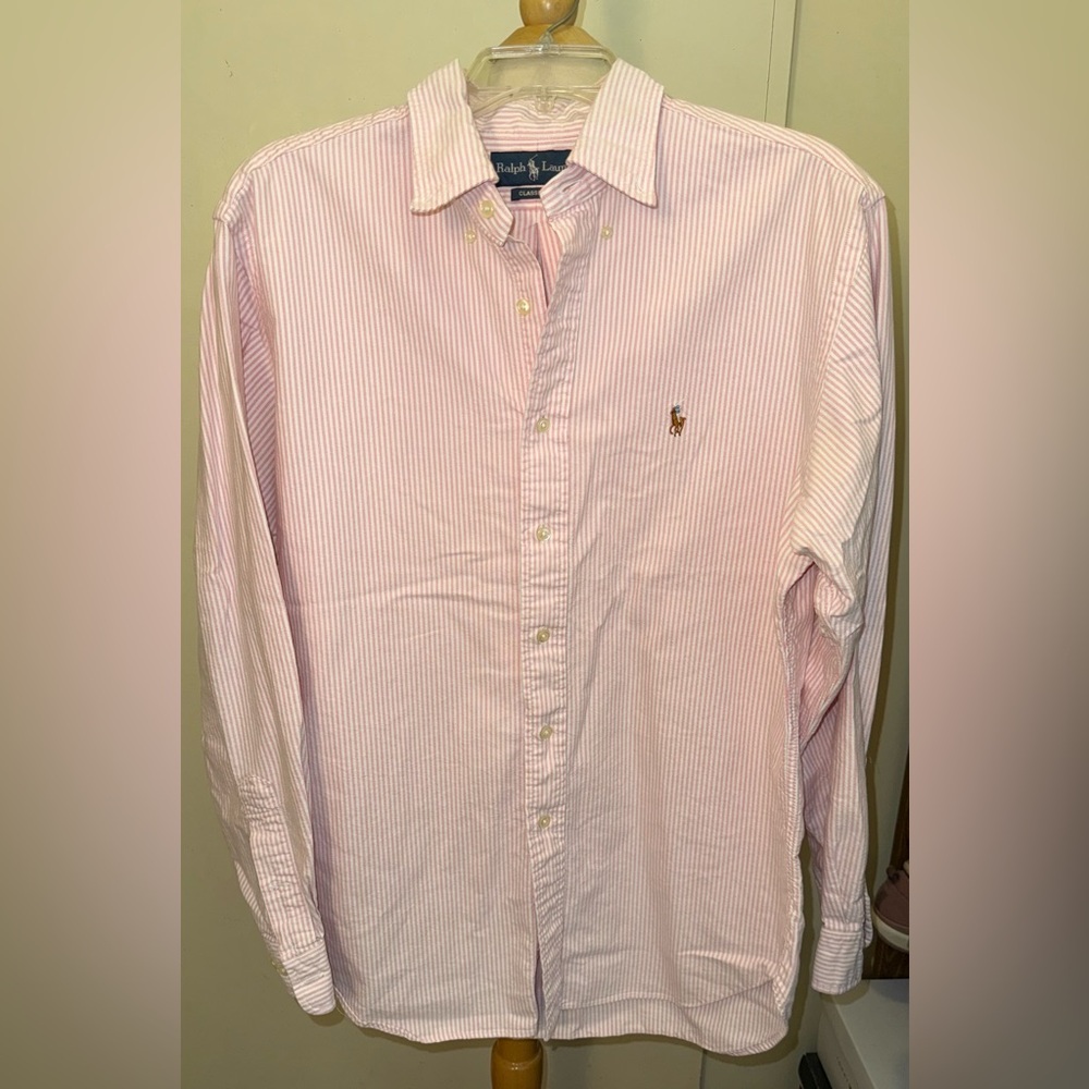 Ralph Lauren Pink white Striped Button Down Shirt classic fit 34/35 , 16 1/2